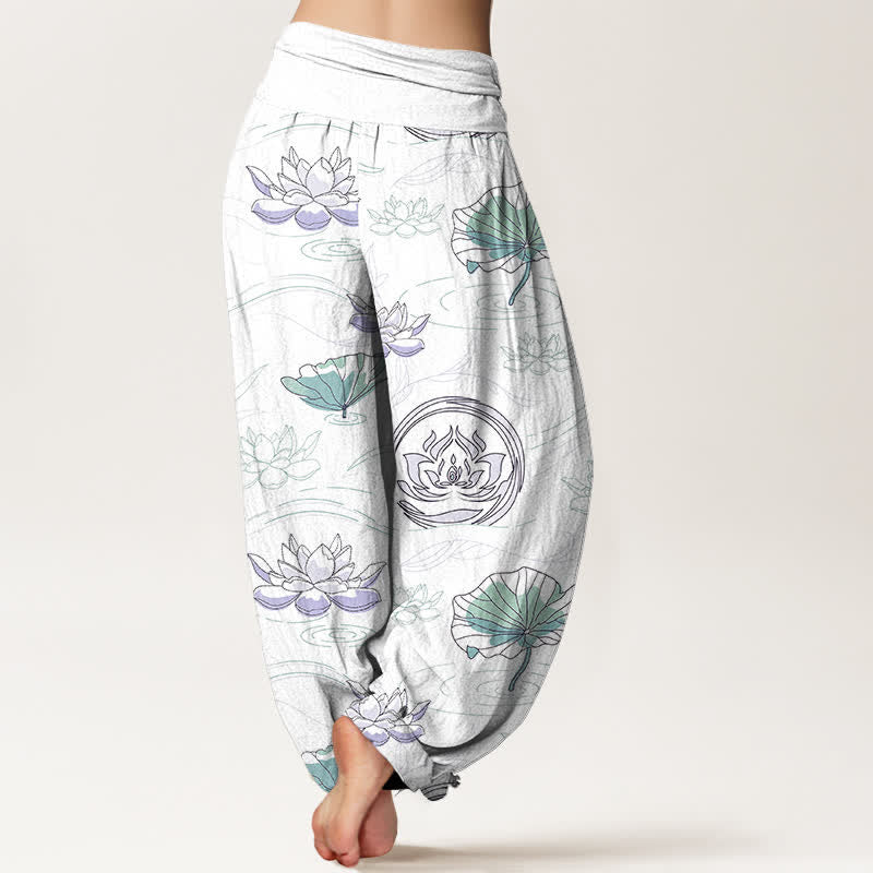 Buddha Stones Haremshose aus Baumwolle mit Lotus-Wellenmuster und elastischem Bund für Damen - image 9