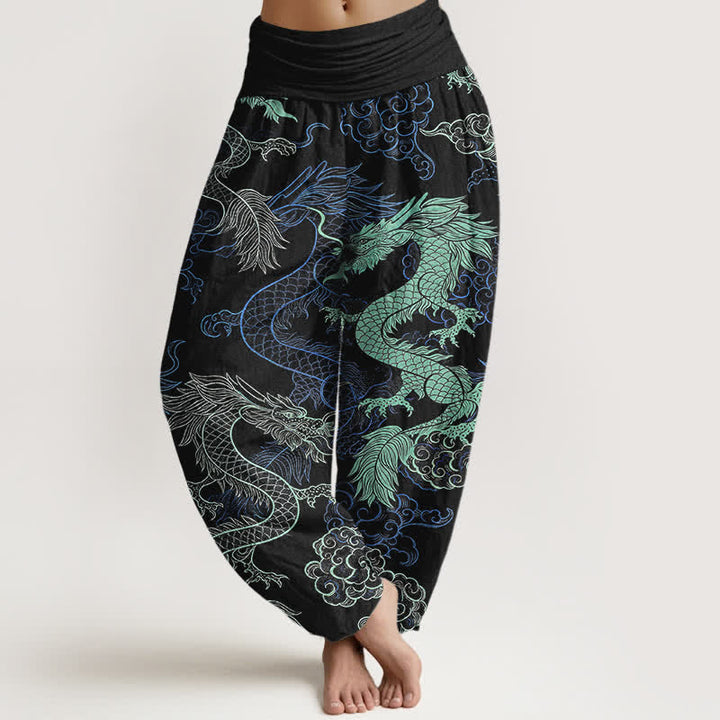 Buddha Stones Baumwoll-Haremshose mit azurblauem Drachenmuster und elastischem Bund für Damen - Schwarz - US16, UK/AU20, EU48 (3XL) - image 0