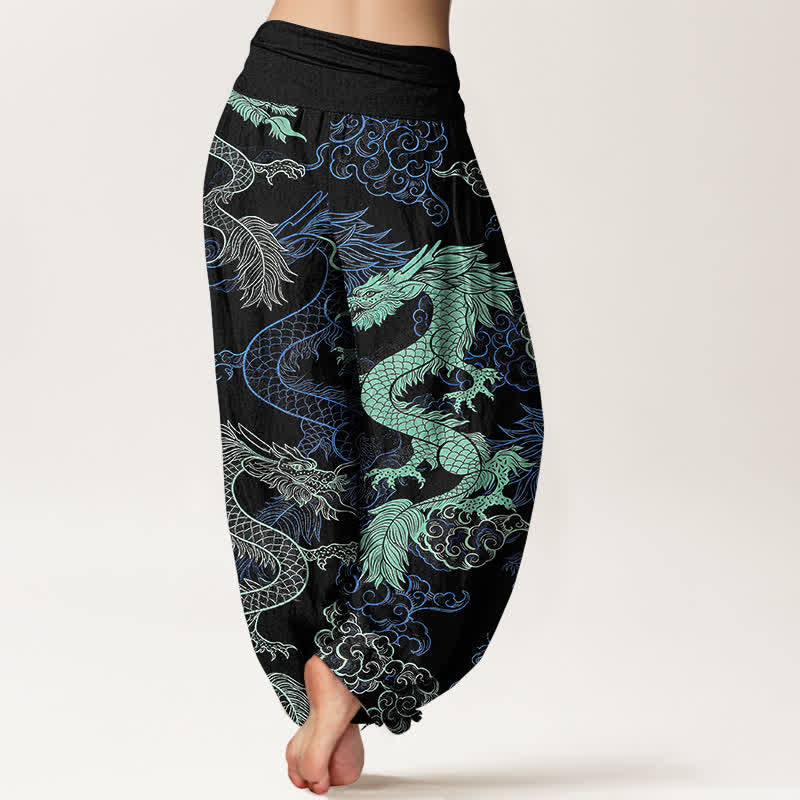 Buddha Stones Baumwoll-Haremshose mit azurblauem Drachenmuster und elastischem Bund für Damen - image 1