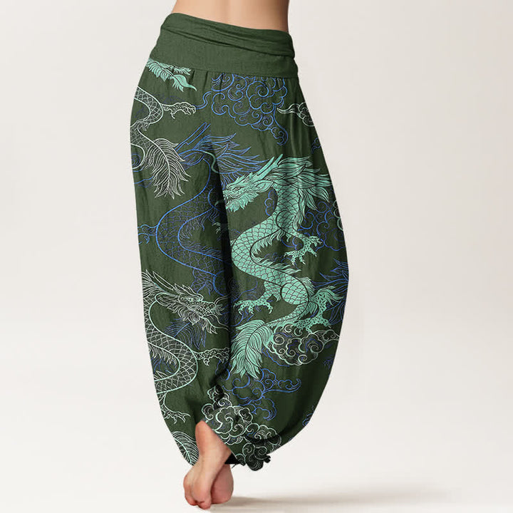 Buddha Stones Baumwoll-Haremshose mit azurblauem Drachenmuster und elastischem Bund für Damen - image 6