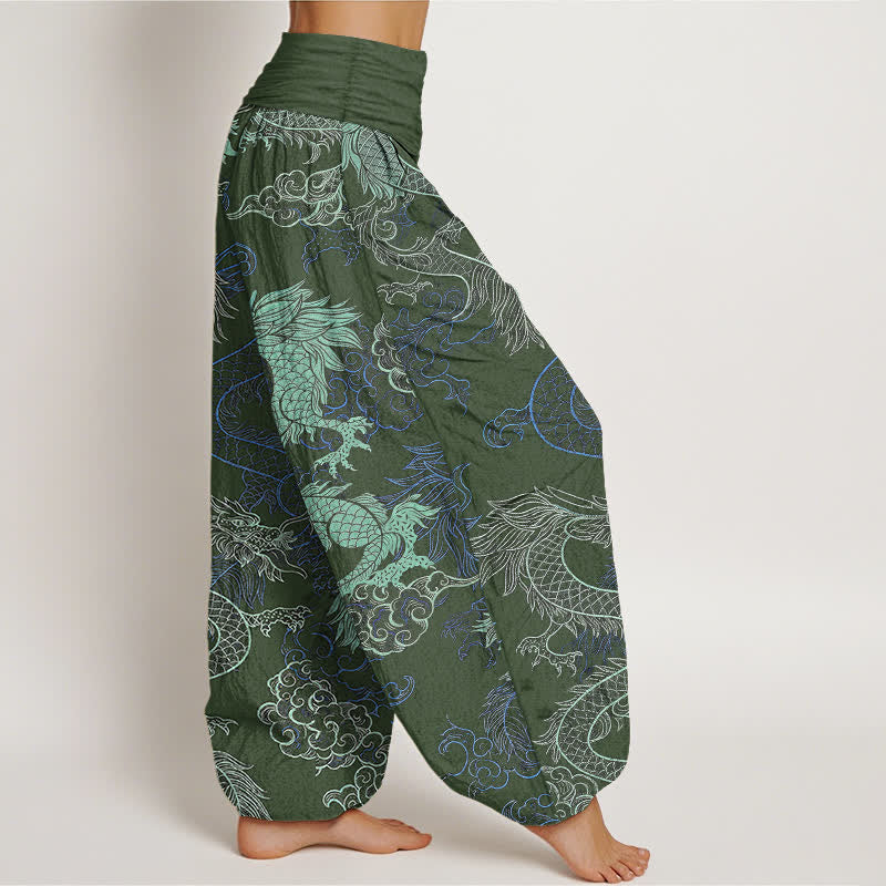 Buddha Stones Baumwoll-Haremshose mit azurblauem Drachenmuster und elastischem Bund für Damen - image 7