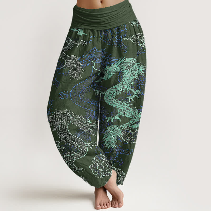 Buddha Stones Baumwoll-Haremshose mit azurblauem Drachenmuster und elastischem Bund für Damen - Dunkelolivgrün - US16, UK/AU20, EU48 (3XL) - image 5