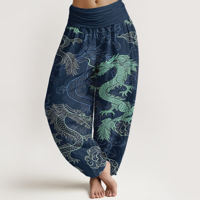 Buddha Stones Baumwoll-Haremshose mit azurblauem Drachenmuster und elastischem Bund für Damen - Marine - US16, UK/AU20, EU48 (3XL) - image 8