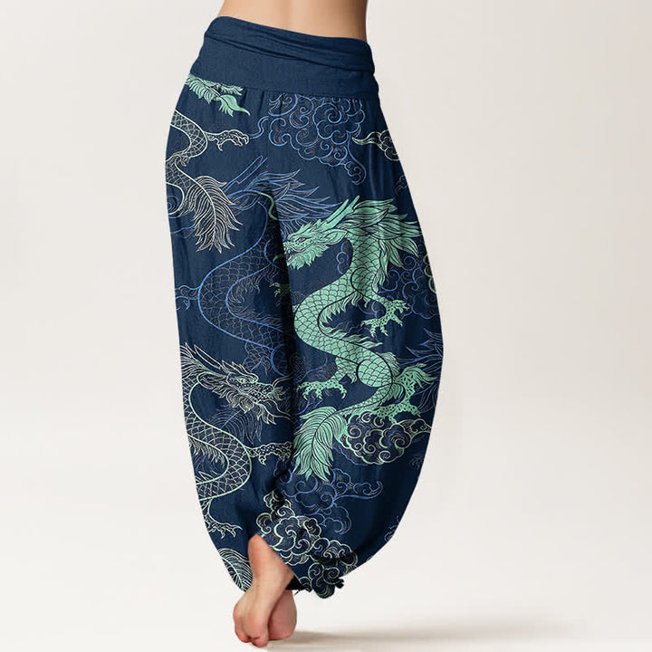 Buddha Stones Baumwoll-Haremshose mit azurblauem Drachenmuster und elastischem Bund für Damen - image 9