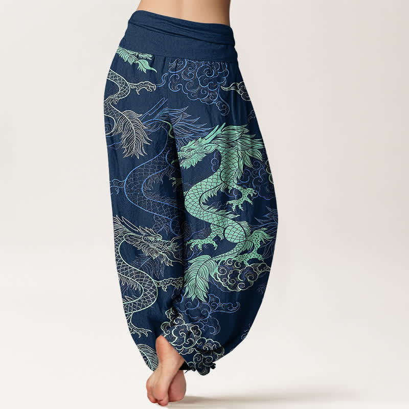 Buddha Stones Baumwoll-Haremshose mit azurblauem Drachenmuster und elastischem Bund für Damen - image 9