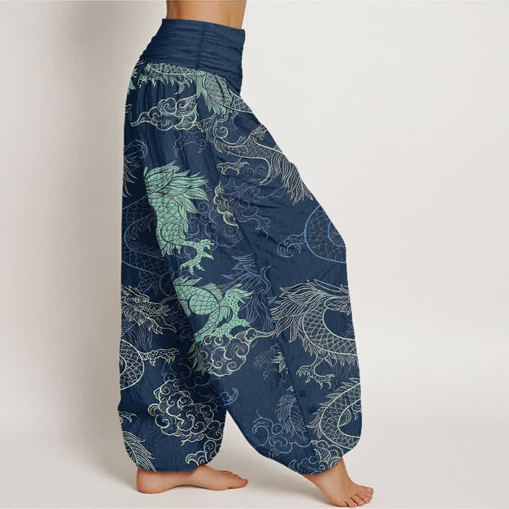 Buddha Stones Baumwoll-Haremshose mit azurblauem Drachenmuster und elastischem Bund für Damen - image 10