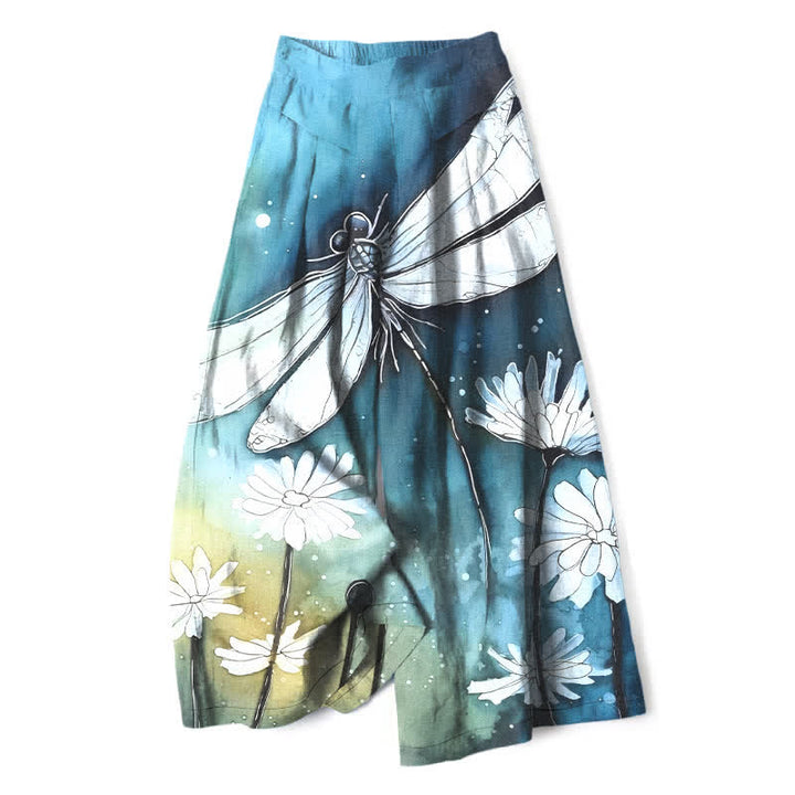 Buddha Stones Damenhose mit weitem Bein, elastischem Bund und Taschen, Baumwoll-Leinen-Mischgewebe mit Libellen- und Gänseblümchenmuster - Hellblau - US16, UK/AU20, EU48 (3XL) - image 0