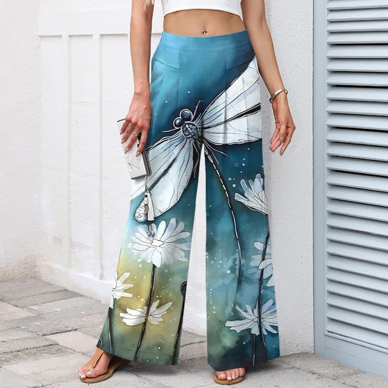 Buddha Stones Damenhose mit weitem Bein, elastischem Bund und Taschen, Baumwoll-Leinen-Mischgewebe mit Libellen- und Gänseblümchenmuster - image 1