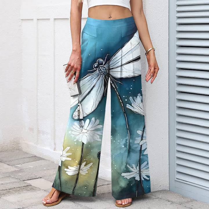 Buddha Stones Damenhose mit weitem Bein, elastischem Bund und Taschen, Baumwoll-Leinen-Mischgewebe mit Libellen- und Gänseblümchenmuster - image 1