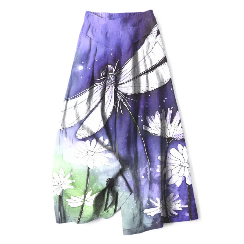 Buddha Stones Damenhose mit weitem Bein, elastischem Bund und Taschen, Baumwoll-Leinen-Mischgewebe mit Libellen- und Gänseblümchenmuster - Mittelviolett - US16, UK/AU20, EU48 (3XL) - image 4