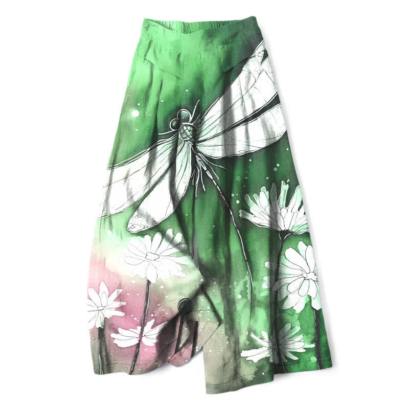 Buddha Stones Damenhose mit weitem Bein, elastischem Bund und Taschen, Baumwoll-Leinen-Mischgewebe mit Libellen- und Gänseblümchenmuster - Mittelseegrün - US16, UK/AU20, EU48 (3XL) - image 6