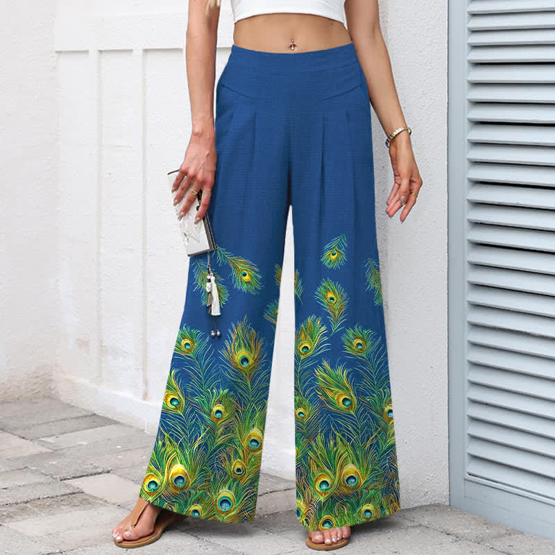 Buddha Stones Damenhose aus Baumwoll-Leinen-Mischgewebe mit Pfauenfedermuster, elastischem Bund, weitem Bein und Taschen - image 1