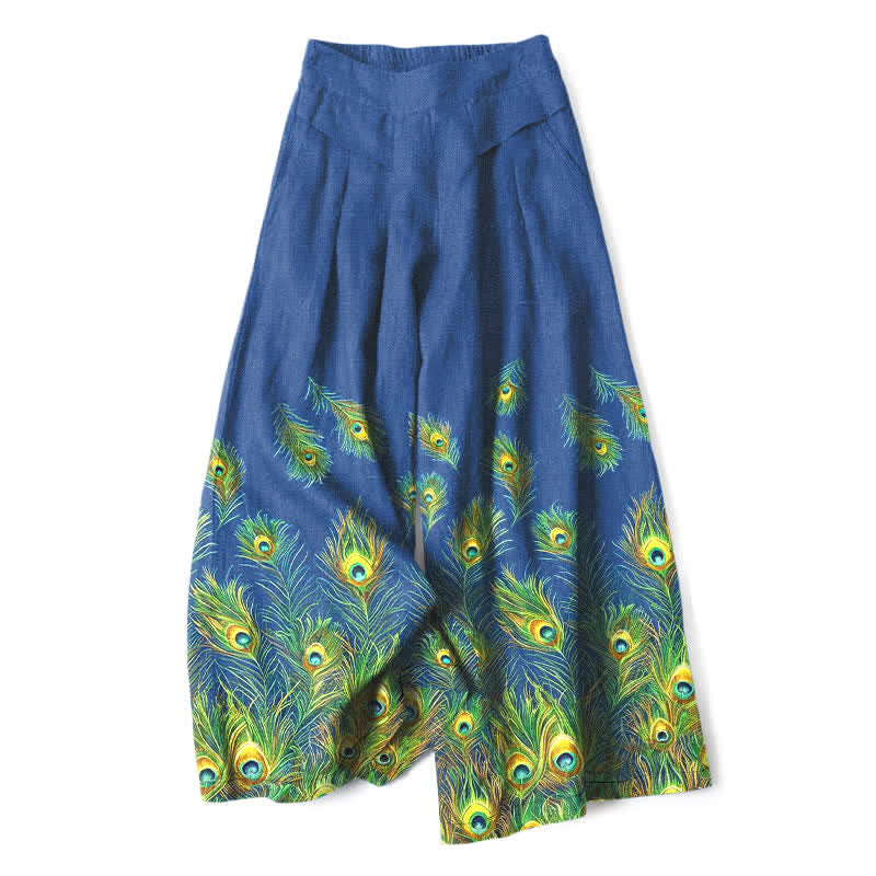 Buddha Stones Damenhose aus Baumwoll-Leinen-Mischgewebe mit Pfauenfedermuster, elastischem Bund, weitem Bein und Taschen - Königsblau - US16, UK/AU20, EU48 (3XL) - image 0