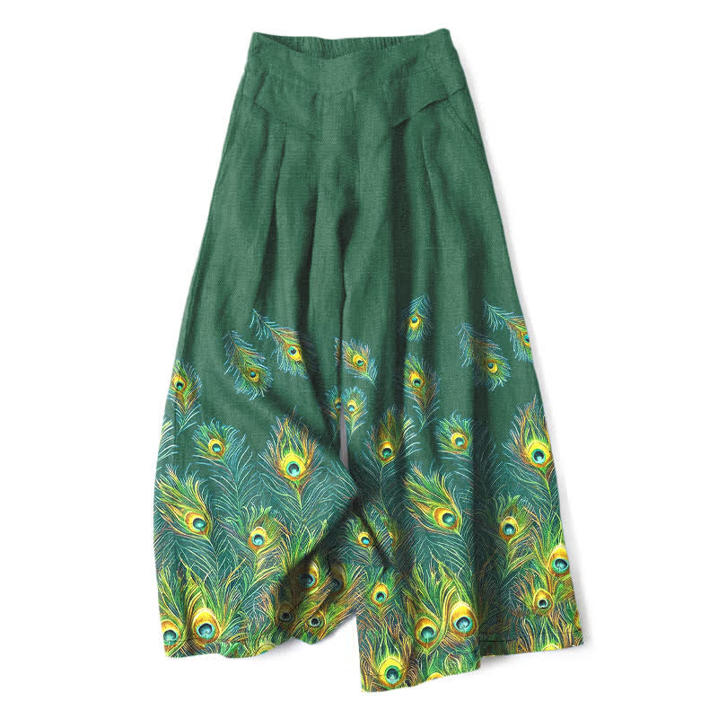 Buddha Stones Damenhose aus Baumwoll-Leinen-Mischgewebe mit Pfauenfedermuster, elastischem Bund, weitem Bein und Taschen - Waldgrün - US16, UK/AU20, EU48 (3XL) - image 4