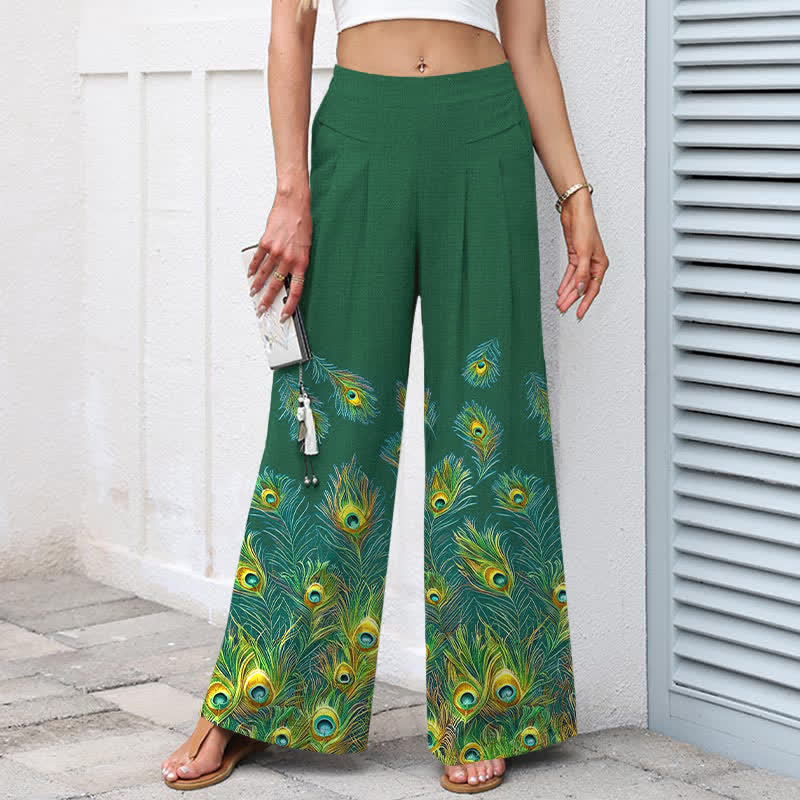 Buddha Stones Damenhose aus Baumwoll-Leinen-Mischgewebe mit Pfauenfedermuster, elastischem Bund, weitem Bein und Taschen - image 5
