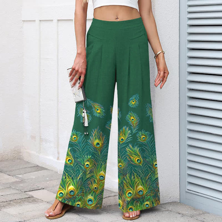 Buddha Stones Damenhose aus Baumwoll-Leinen-Mischgewebe mit Pfauenfedermuster, elastischem Bund, weitem Bein und Taschen - image 5