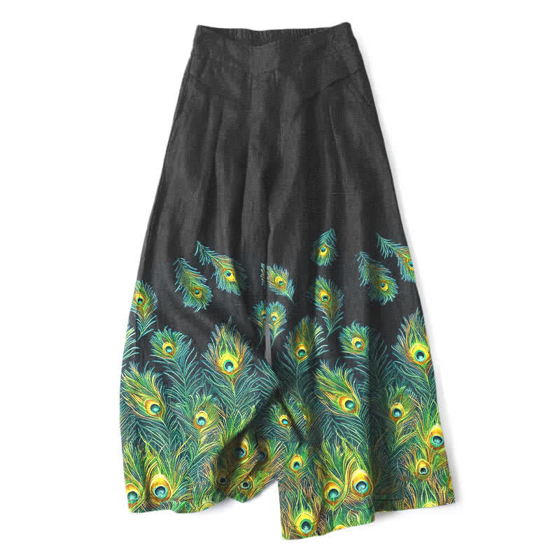 Buddha Stones Damenhose aus Baumwoll-Leinen-Mischgewebe mit Pfauenfedermuster, elastischem Bund, weitem Bein und Taschen - Schwarz - US16, UK/AU20, EU48 (3XL) - image 6