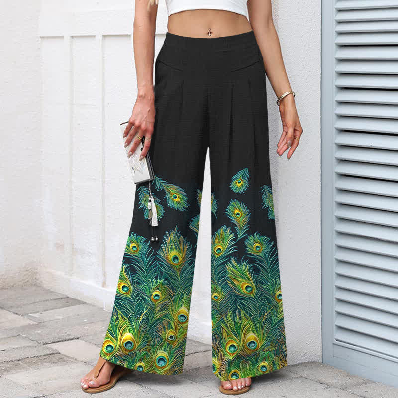 Buddha Stones Damenhose aus Baumwoll-Leinen-Mischgewebe mit Pfauenfedermuster, elastischem Bund, weitem Bein und Taschen - image 7