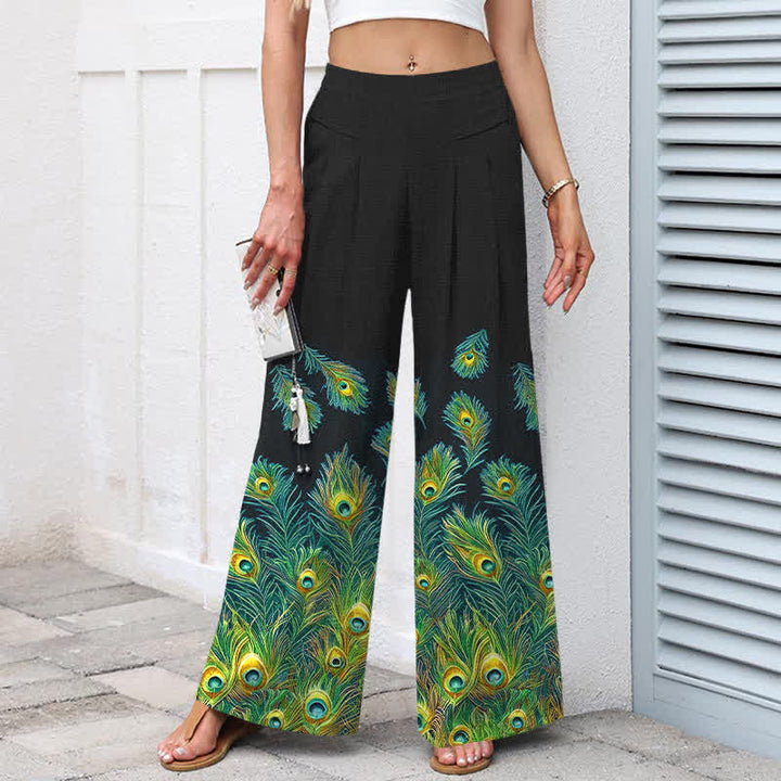 Buddha Stones Damenhose aus Baumwoll-Leinen-Mischgewebe mit Pfauenfedermuster, elastischem Bund, weitem Bein und Taschen - image 7