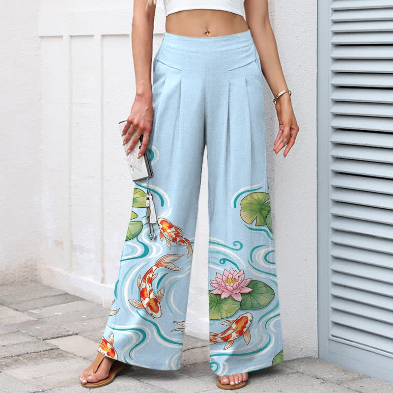 Buddha Stones Baumwoll-Leinen-Hose mit Koi-Fisch- und rosa Lotusteichmuster, elastischem Bund, weitem Bein und Taschen - image 1