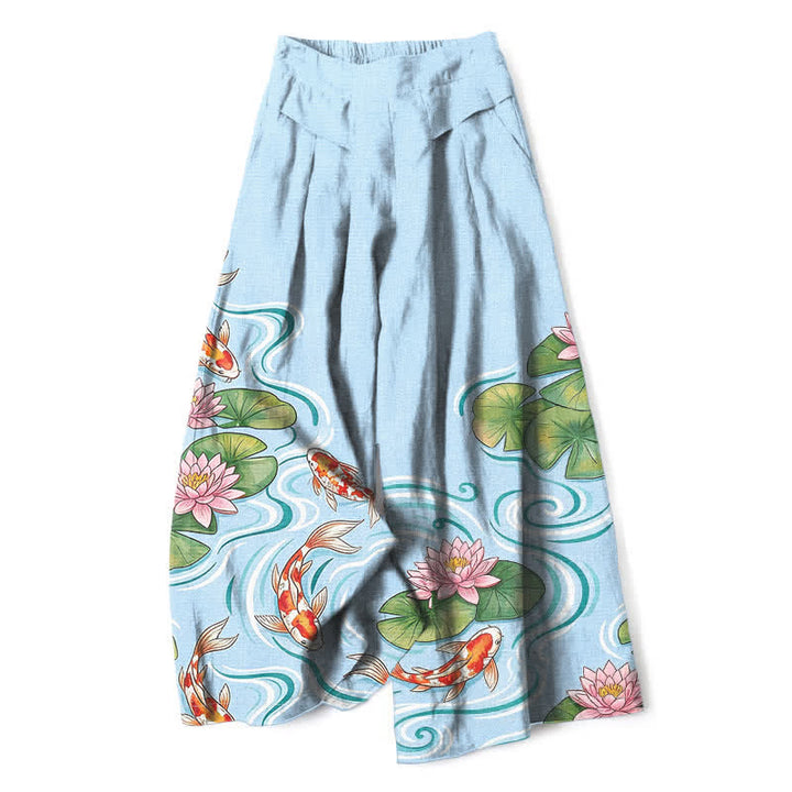 Buddha Stones Baumwoll-Leinen-Hose mit Koi-Fisch- und rosa Lotusteichmuster, elastischem Bund, weitem Bein und Taschen - Hellblau - US16, UK/AU20, EU48 (3XL) - image 0