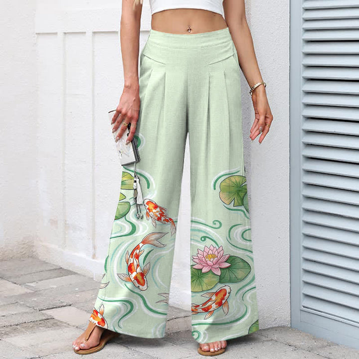 Buddha Stones Baumwoll-Leinen-Hose mit Koi-Fisch- und rosa Lotusteichmuster, elastischem Bund, weitem Bein und Taschen - image 5