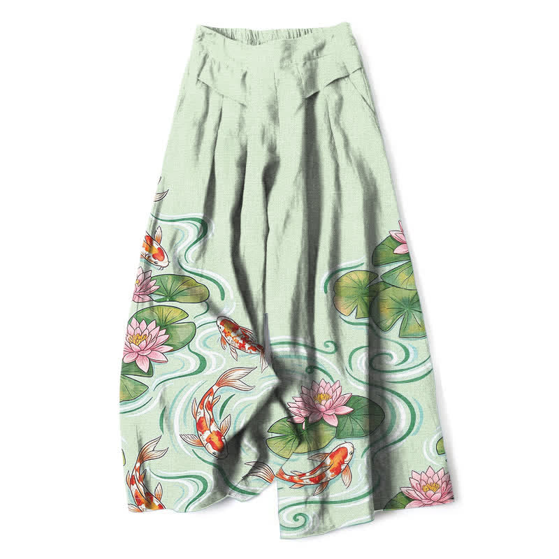 Buddha Stones Baumwoll-Leinen-Hose mit Koi-Fisch- und rosa Lotusteichmuster, elastischem Bund, weitem Bein und Taschen - Minzcreme - US16, UK/AU20, EU48 (3XL) - image 4