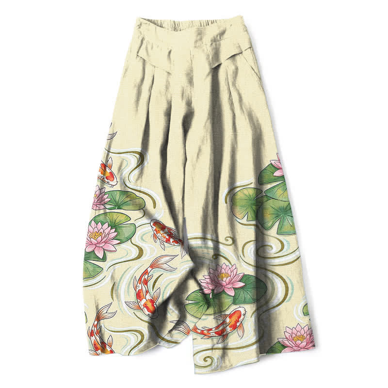 Buddha Stones Baumwoll-Leinen-Hose mit Koi-Fisch- und rosa Lotusteichmuster, elastischem Bund, weitem Bein und Taschen - Maisfäden - US16, UK/AU20, EU48 (3XL) - image 6