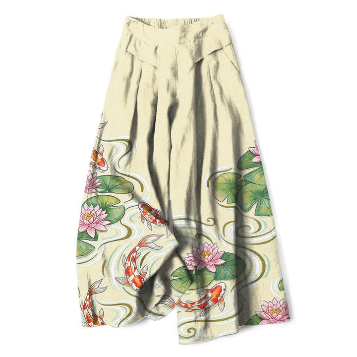 Buddha Stones Baumwoll-Leinen-Hose mit Koi-Fisch- und rosa Lotusteichmuster, elastischem Bund, weitem Bein und Taschen - Maisfäden - US16, UK/AU20, EU48 (3XL) - image 6