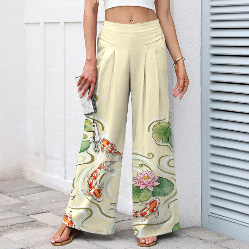 Buddha Stones Baumwoll-Leinen-Hose mit Koi-Fisch- und rosa Lotusteichmuster, elastischem Bund, weitem Bein und Taschen - image 7