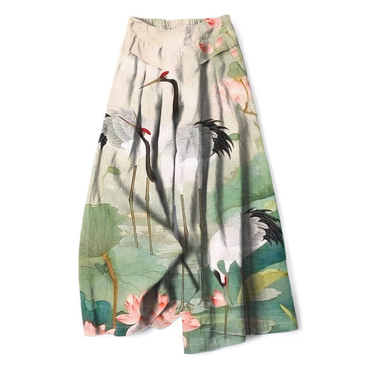 Buddha Stones Baumwoll-Leinen-Hose mit Kranich- und Lotusmuster, Damenhose mit elastischem Bund, weitem Bein und Taschen - Leinen - US16, UK/AU20, EU48 (3XL) - image 0