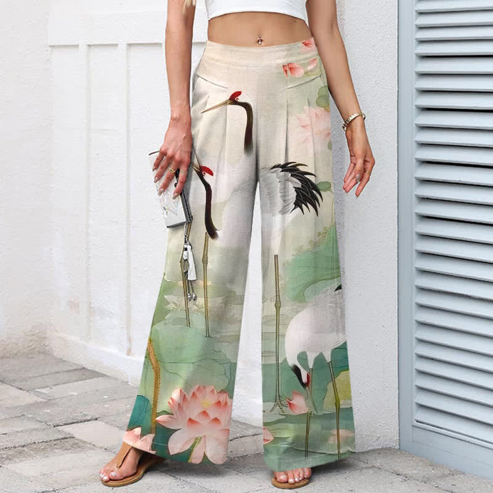 Buddha Stones Baumwoll-Leinen-Hose mit Kranich- und Lotusmuster, Damenhose mit elastischem Bund, weitem Bein und Taschen - image 1