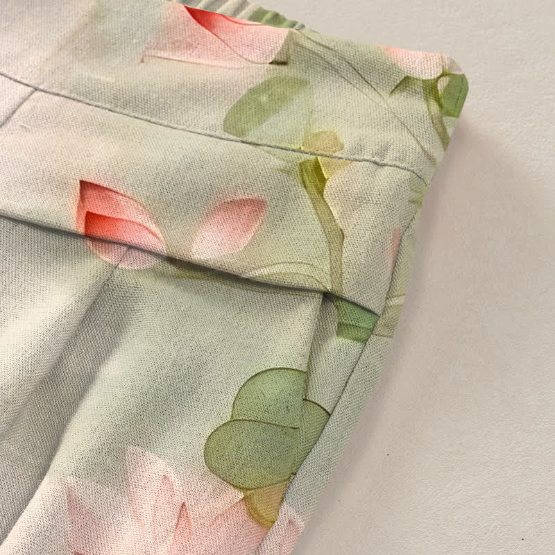 Buddha Stones Baumwoll-Leinen-Hose mit Kranich- und Lotusmuster, Damenhose mit elastischem Bund, weitem Bein und Taschen - image 2
