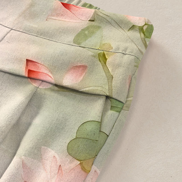 Buddha Stones Baumwoll-Leinen-Hose mit Kranich- und Lotusmuster, Damenhose mit elastischem Bund, weitem Bein und Taschen - image 2