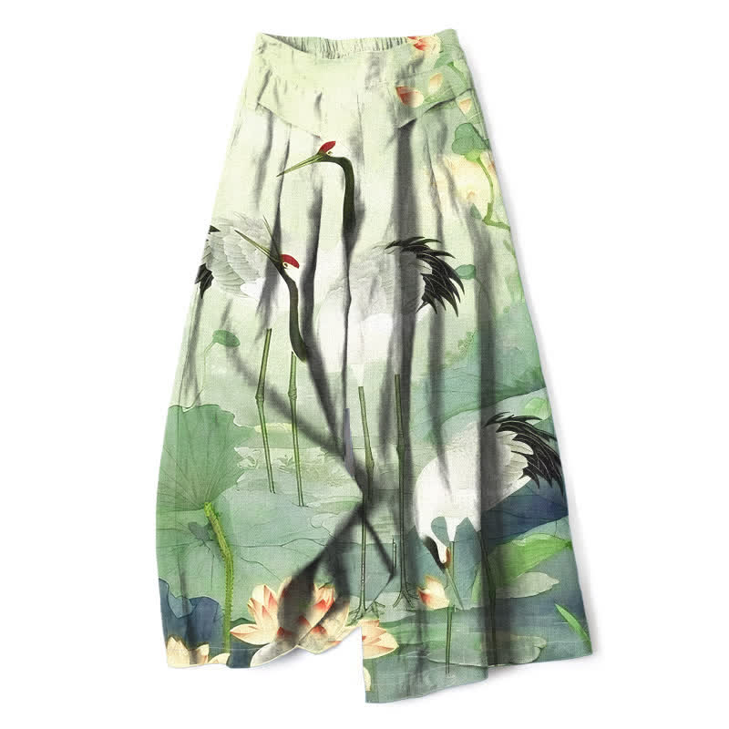 Buddha Stones Baumwoll-Leinen-Hose mit Kranich- und Lotusmuster, Damenhose mit elastischem Bund, weitem Bein und Taschen - Hellgrün - US16, UK/AU20, EU48 (3XL) - image 4