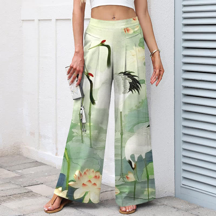 Buddha Stones Baumwoll-Leinen-Hose mit Kranich- und Lotusmuster, Damenhose mit elastischem Bund, weitem Bein und Taschen - image 5