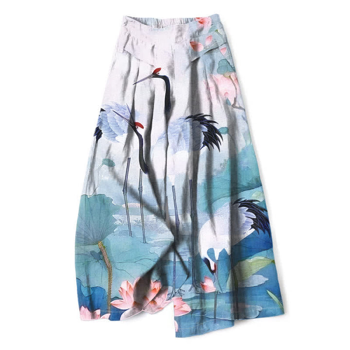 Buddha Stones Baumwoll-Leinen-Hose mit Kranich- und Lotusmuster, Damenhose mit elastischem Bund, weitem Bein und Taschen - Hellcyan - US16, UK/AU20, EU48 (3XL) - image 6
