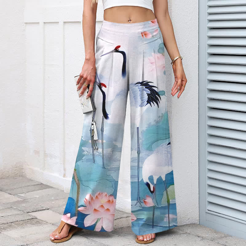 Buddha Stones Baumwoll-Leinen-Hose mit Kranich- und Lotusmuster, Damenhose mit elastischem Bund, weitem Bein und Taschen - image 7