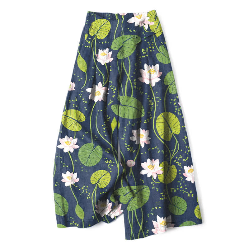 Buddha Stones Baumwoll-Leinen-Hose mit grünem Lotusblattmuster, elastischem Bund, weitem Bein und Taschen - Marine - US16, UK/AU20, EU48 (3XL) - image 0
