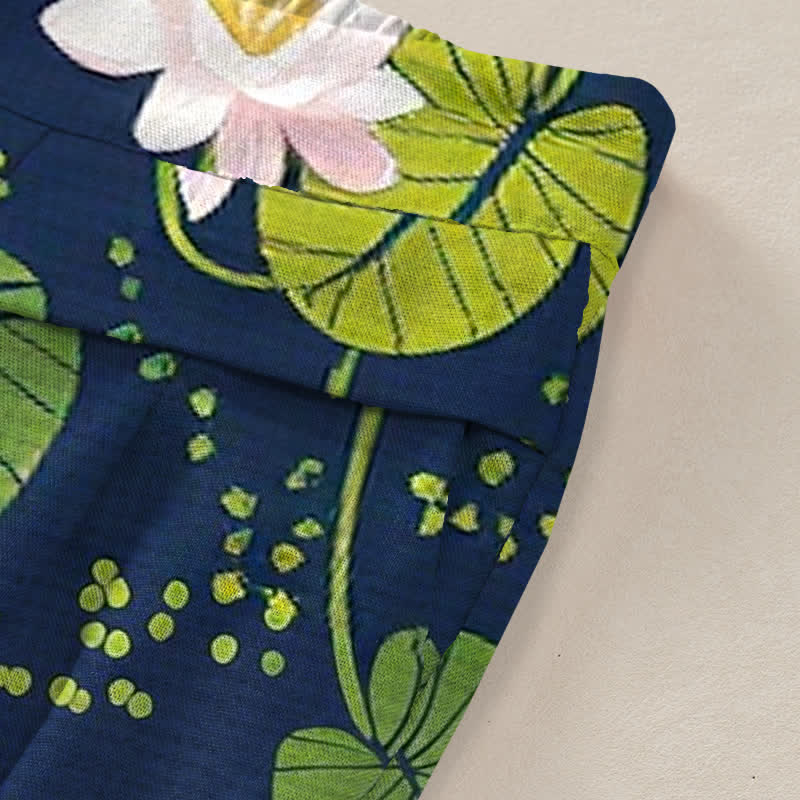 Buddha Stones Baumwoll-Leinen-Hose mit grünem Lotusblattmuster, elastischem Bund, weitem Bein und Taschen - image 2