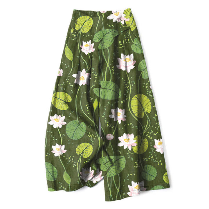 Buddha Stones Baumwoll-Leinen-Hose mit grünem Lotusblattmuster, elastischem Bund, weitem Bein und Taschen - Olivgrün - US16, UK/AU20, EU48 (3XL) - image 6