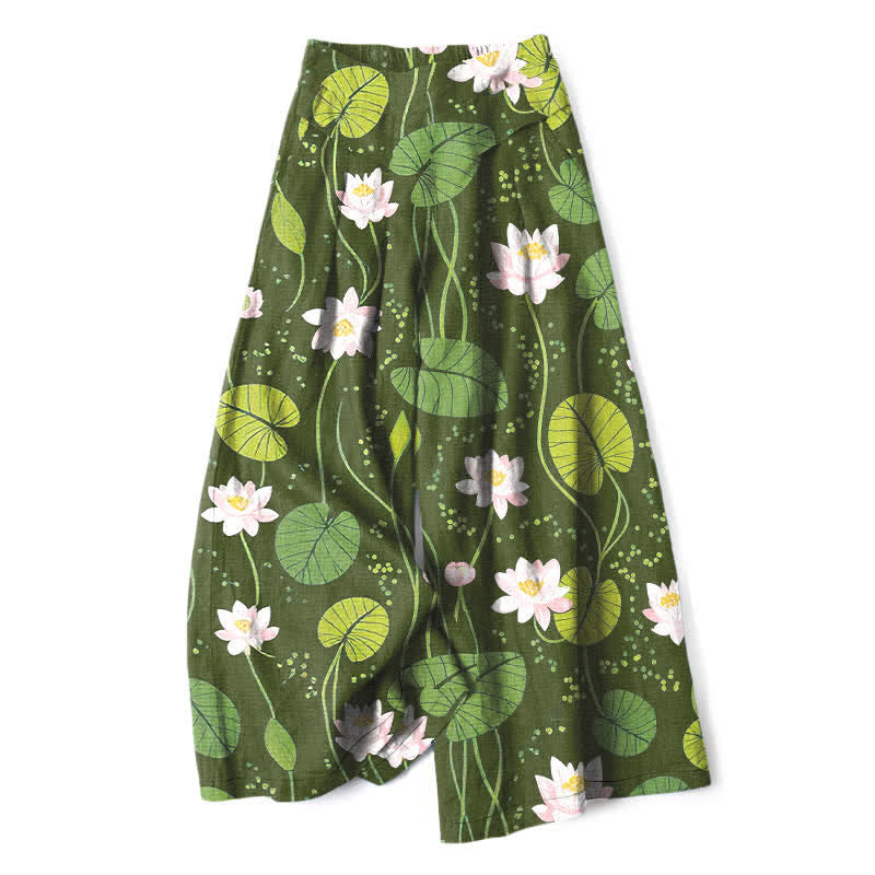 Buddha Stones Baumwoll-Leinen-Hose mit grünem Lotusblattmuster, elastischem Bund, weitem Bein und Taschen - Olivgrün - US16, UK/AU20, EU48 (3XL) - image 6