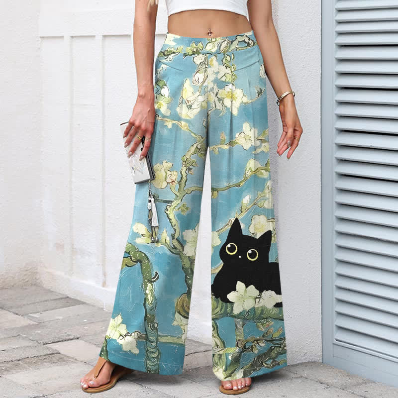 Buddha Stones Baumwoll-Leinen-Hose mit blauem Blumen-Katzenmuster, elastischem Bund, weitem Bein und Taschen - image 1