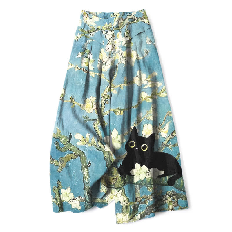 Buddha Stones Baumwoll-Leinen-Hose mit blauem Blumen-Katzenmuster, elastischem Bund, weitem Bein und Taschen - Helltürkis - US16, UK/AU20, EU48 (3XL) - image 0