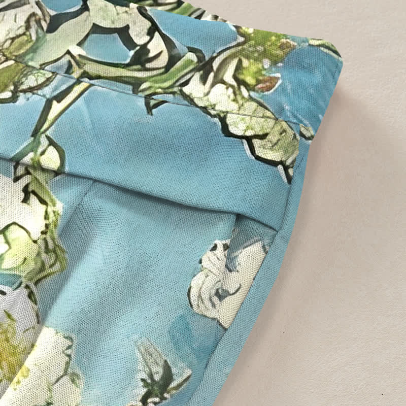 Buddha Stones Baumwoll-Leinen-Hose mit blauem Blumen-Katzenmuster, elastischem Bund, weitem Bein und Taschen - image 2
