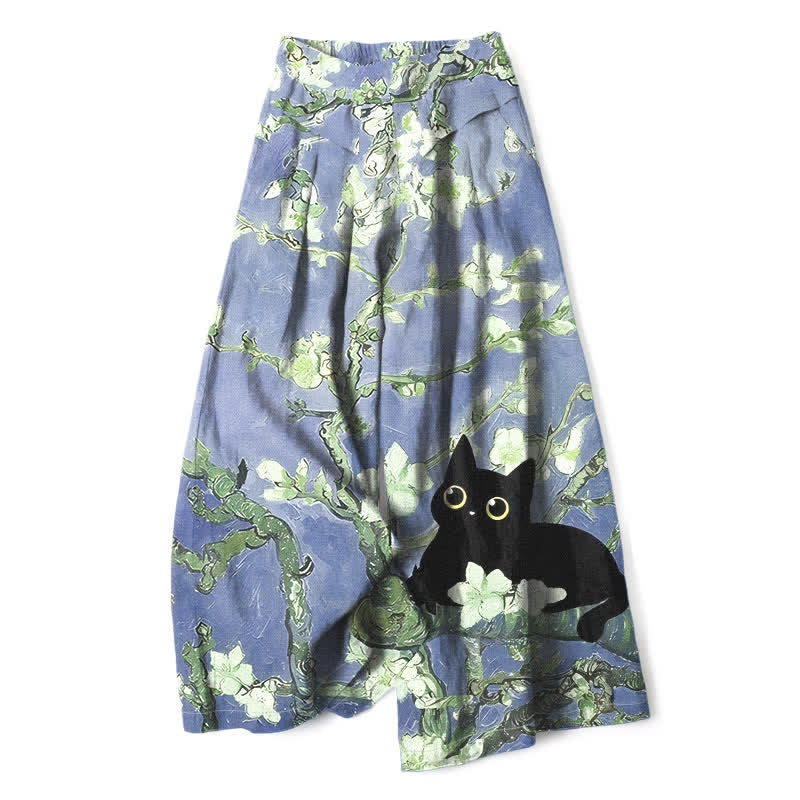 Buddha Stones Baumwoll-Leinen-Hose mit blauem Blumen-Katzenmuster, elastischem Bund, weitem Bein und Taschen - Mittelschieferblau - US16, UK/AU20, EU48 (3XL) - image 4
