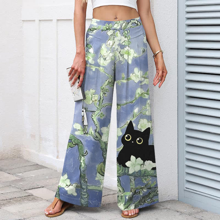 Buddha Stones Baumwoll-Leinen-Hose mit blauem Blumen-Katzenmuster, elastischem Bund, weitem Bein und Taschen - image 5