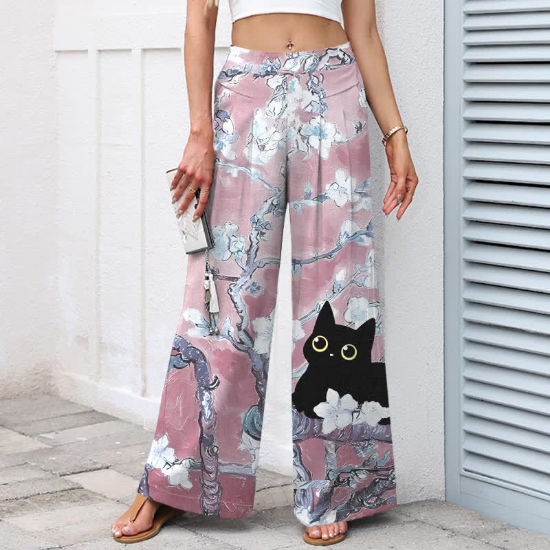 Buddha Stones Baumwoll-Leinen-Hose mit blauem Blumen-Katzenmuster, elastischem Bund, weitem Bein und Taschen - image 7