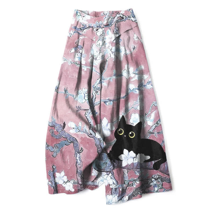 Buddha Stones Baumwoll-Leinen-Hose mit blauem Blumen-Katzenmuster, elastischem Bund, weitem Bein und Taschen - Hellrosa - US16, UK/AU20, EU48 (3XL) - image 6