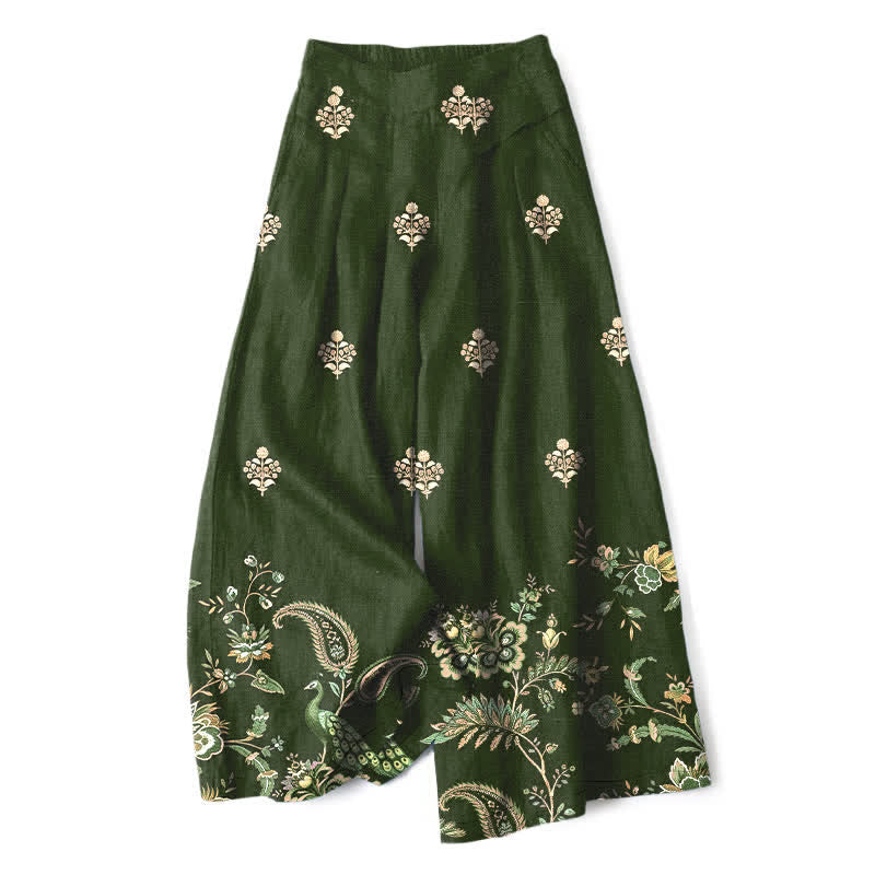 Buddha Stones Baumwoll-Leinen-Hose im Boho-Stil mit floralem Paisley-Muster, elastischem Bund, weitem Bein und Taschen - Dunkelolivgrün - US16, UK/AU20, EU48 (3XL) - image 0